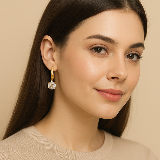 Gold-plated CZ drop earrings with elongated top and round crystal stone – elegant women’s fashion jewellery