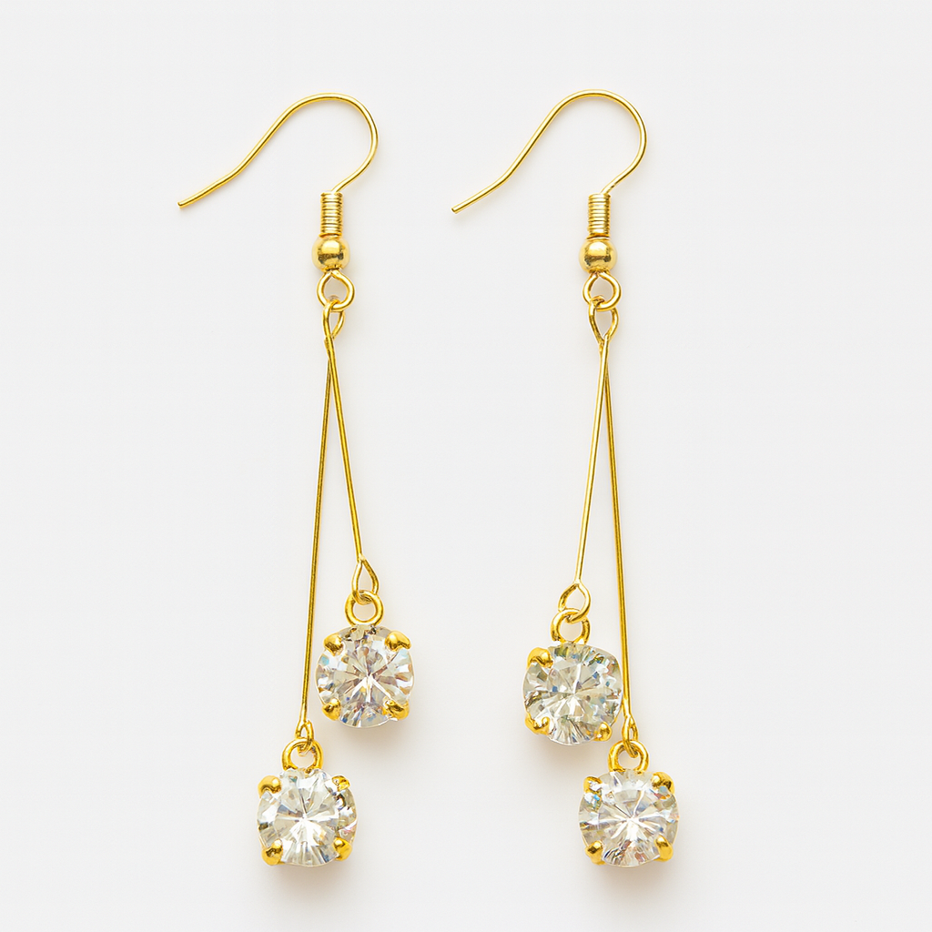 Gold long dangler earrings with triple CZ stones – elegant fashion jewellery