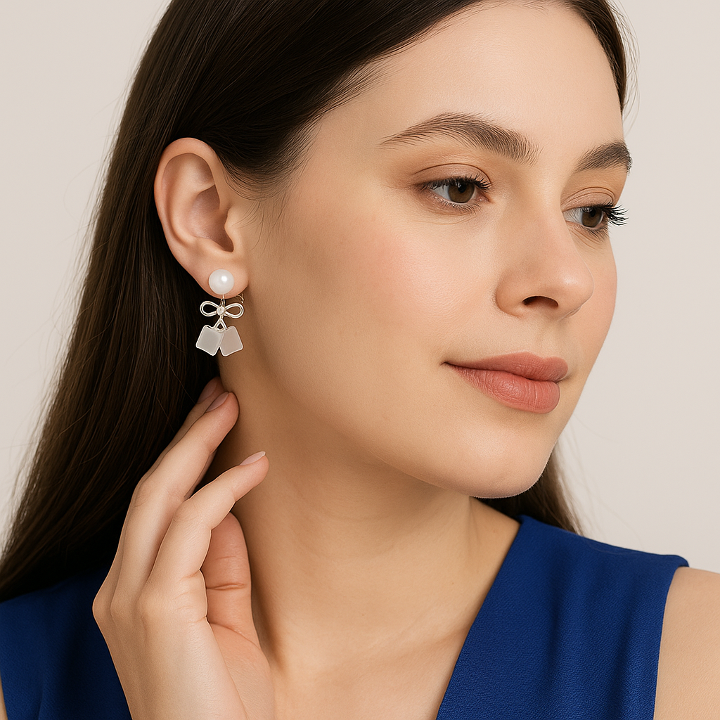 Combo set of pearl stud earrings and silver bow dangler earrings with frosted cube drops – elegant women’s jewellery