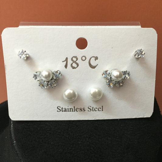 Premium Pearl & CZ Stud Earrings Combo (3 Pairs) – Stainless Steel Daily & Partywear Set