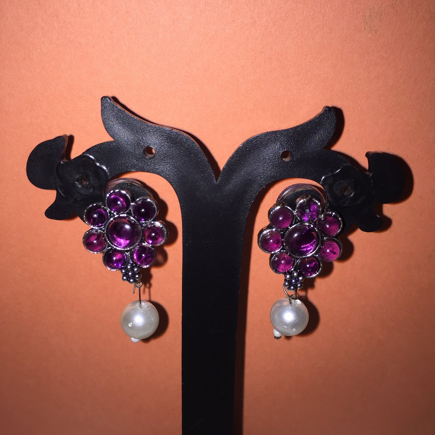 Purple Floral Stone Earrings with Pearl Drop – Stylish Ethnic & Partywear Jewellery