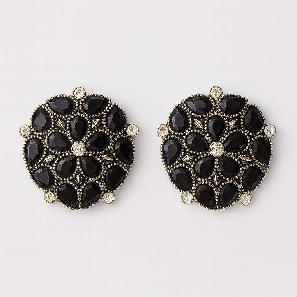 Vintage Black Stone Floral Stud Earrings – Elegant Ethnic & Partywear Jewellery