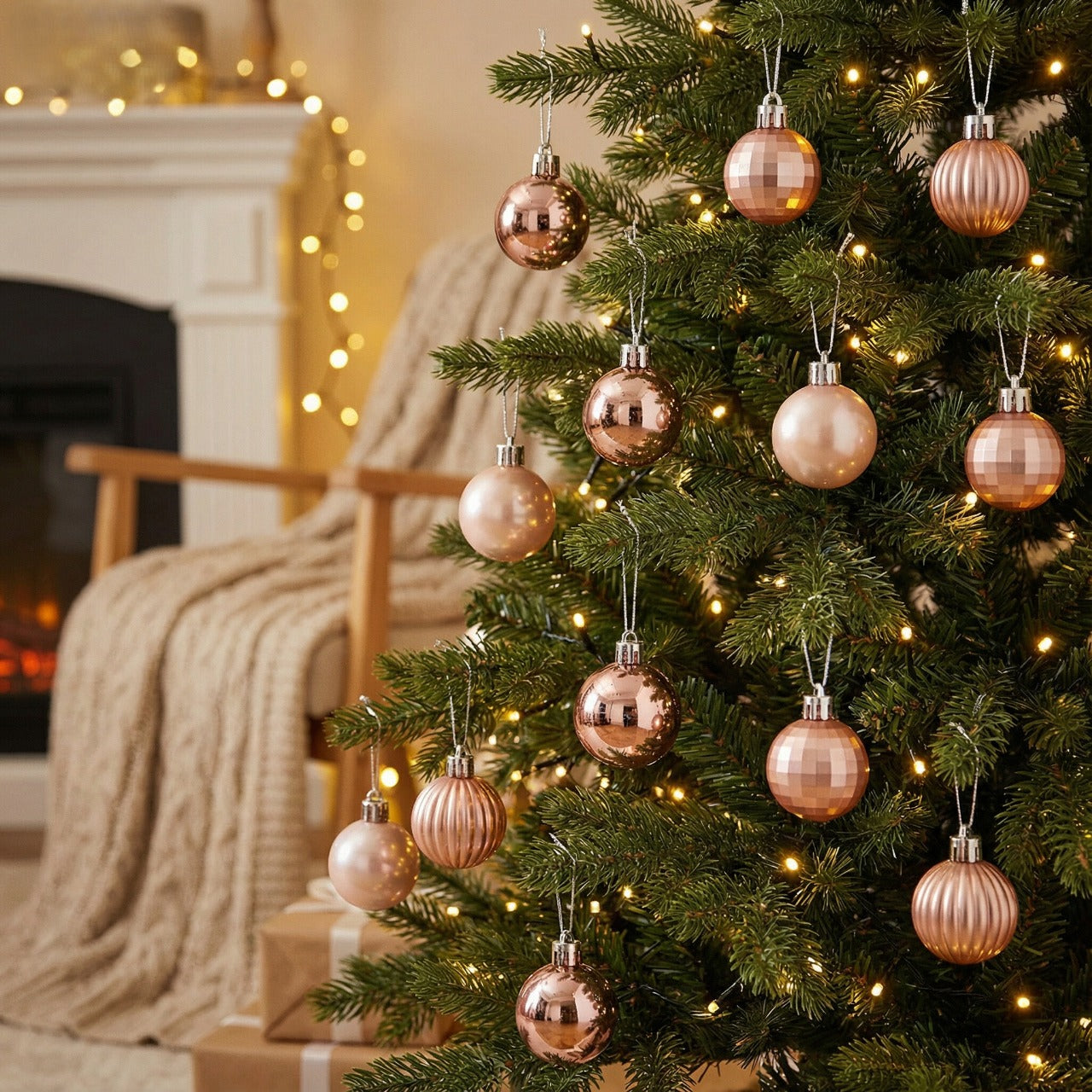 Luxury Rose Gold Christmas Bauble Set (8-Piece) | Assorted Shatterproof Ornaments with 4 Unique Finishes