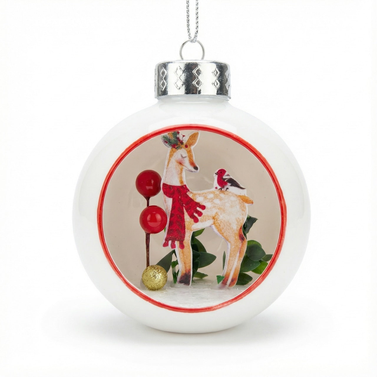 White Glass Diorama Christmas Ornament - Fawn & Bird Winter Scene(pack of 1)