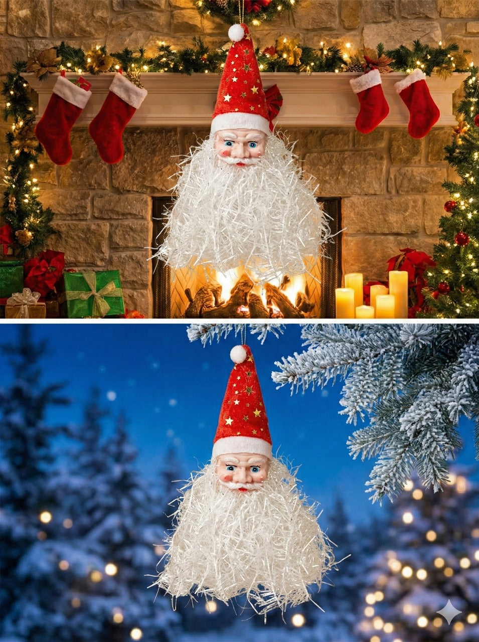 Kitschy Retro Santa Head Ornament | Vintage Tinsel Beard Figurine with Star Cap | Nostalgic Collectible