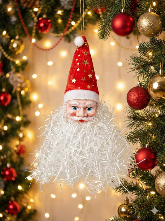 Kitschy Retro Santa Head Ornament | Vintage Tinsel Beard Figurine with Star Cap | Nostalgic Collectible