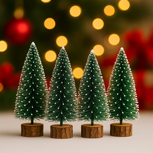 Snow-Tipped Mini Bottlebrush Christmas Tree | Rustic Base Model Craft Supply & Table Decor(PACK OF 4)