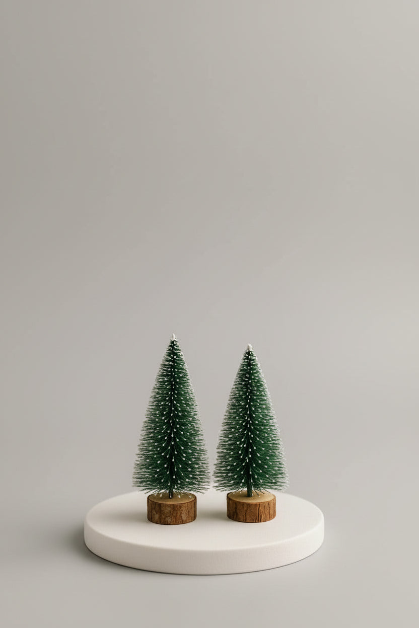 Snow-Tipped Mini Bottlebrush Christmas Tree | Rustic Base Model Craft Supply & Table Decor(PACK OF 3)