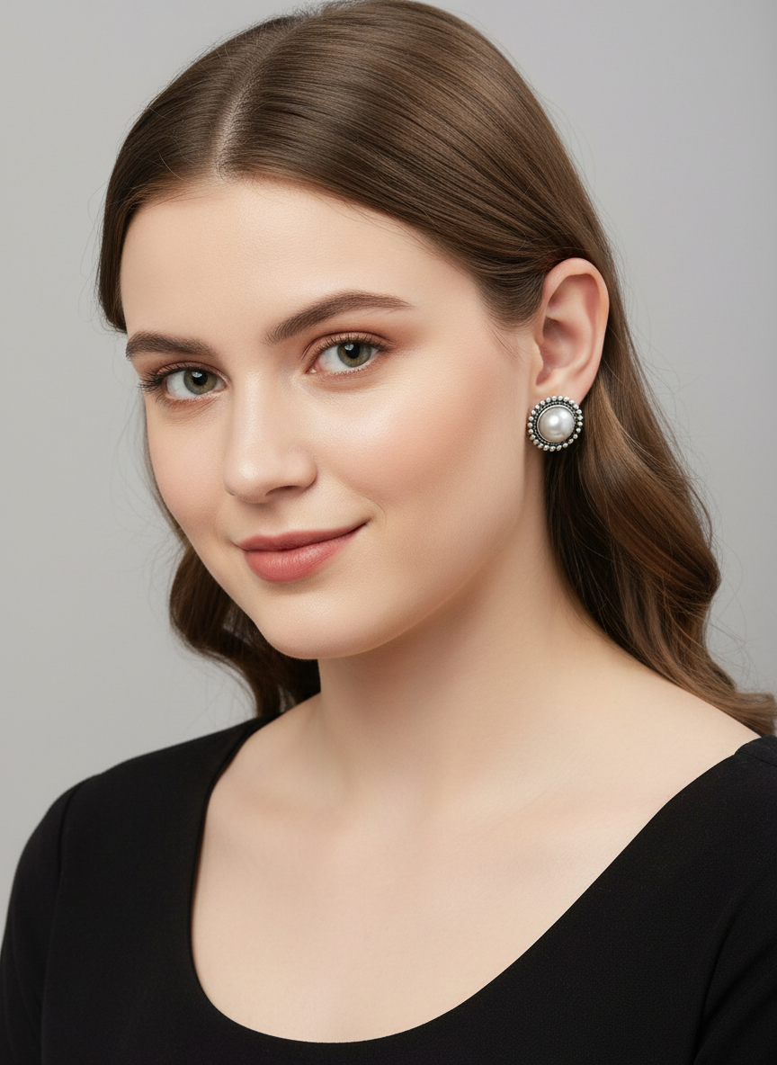 Vintage Pearl Stud Earrings – Antique Silver Stylish Daily & Party Wear Jewellery