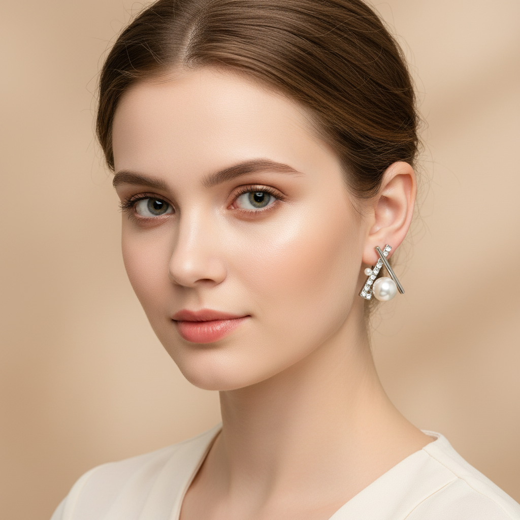 Modern Pearl & Crystal Geometric Stud Earrings – Premium Elegant Party & Daily Wear Jewellery