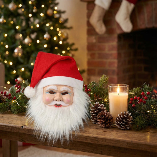 Kitschy Retro Santa Head Ornament | Vintage Tinsel Beard Figurine with Star Cap | Nostalgic Collectible