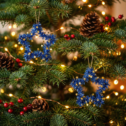 Blue Tinsel Star Wreaths | Wall Hanging Decor with Gold Stars | Fun & Festive Accent(pack of 2)