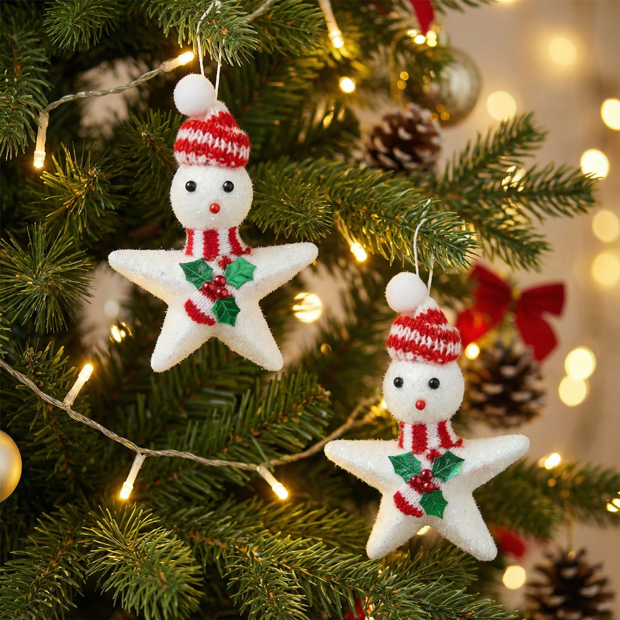 Whimsical Star Snowman Christmas Ornament - Knitted Hat & Scarf Holiday Decor(pack of 2)