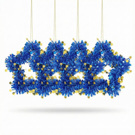 Blue Tinsel Star Wreaths | Wall Hanging Decor with Gold Stars | Fun & Festive Accent(pack of 4)
