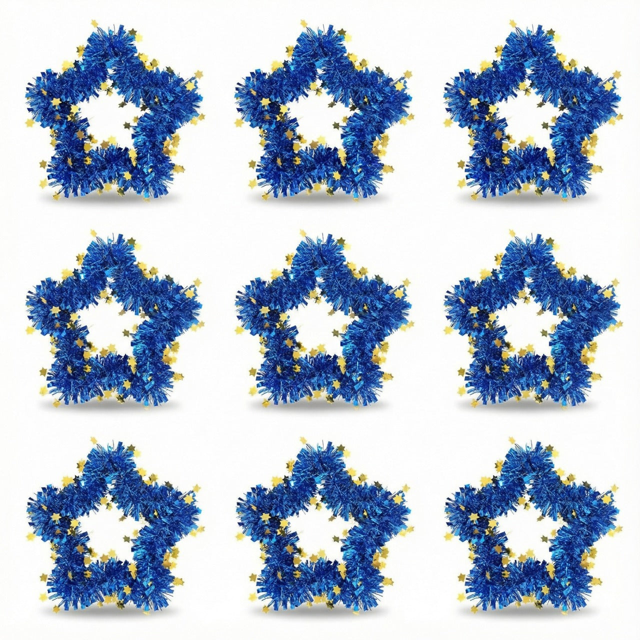 Blue Tinsel Star Wreaths | Wall Hanging Decor with Gold Stars | Fun & Festive Accent(pack of 6)