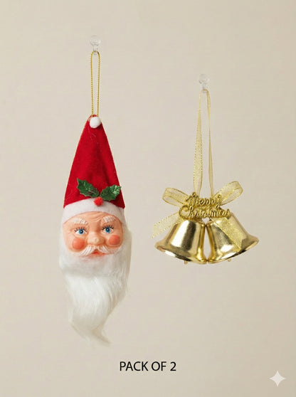 Vintage-Style Santa Head & Gold Bells Christmas Ornament Set (Pack of 2)