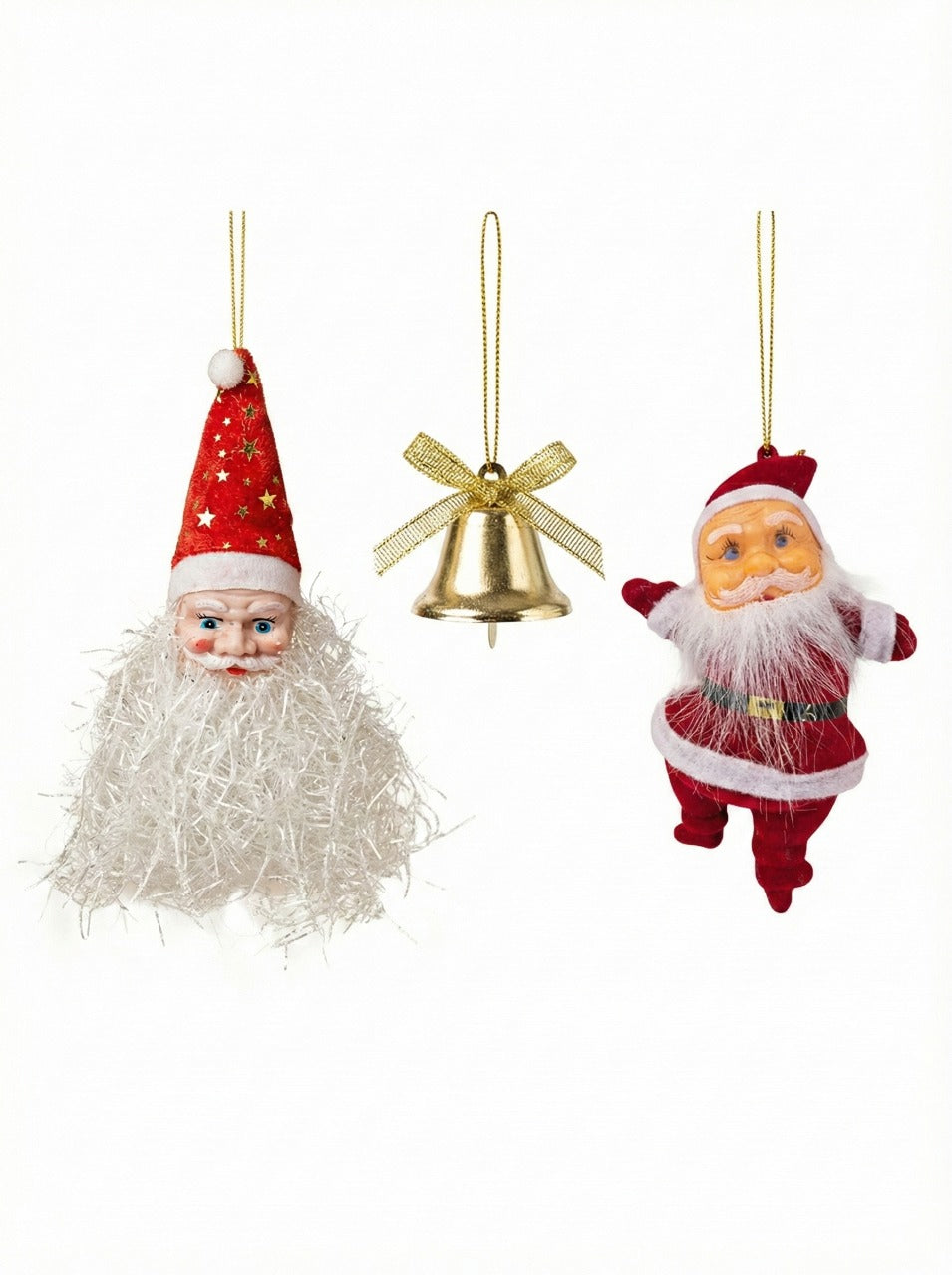 Set of 3 Christmas Ornaments: Tinsel Santa, Full-Body Santa, & Gold Bell