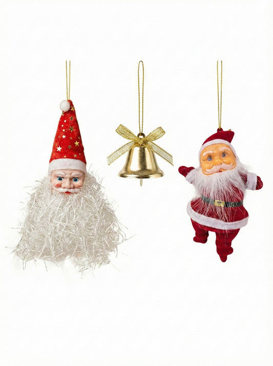 Set of 3 Christmas Ornaments: Tinsel Santa, Full-Body Santa, & Gold Bell