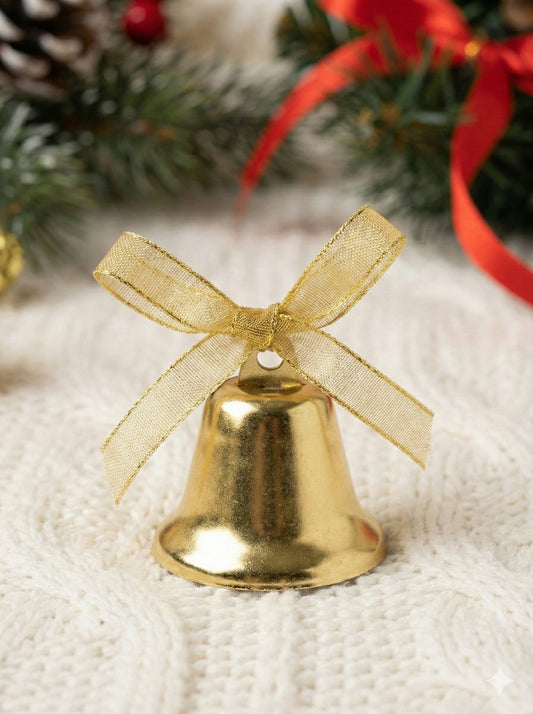 Classic Shiny Gold Christmas Bell Ornament | Elegant Bow Accent & Festive Tree Hanger(PACK OF 4)