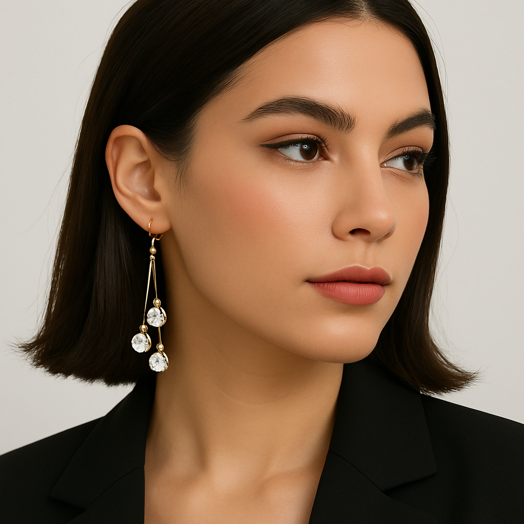 Elegant Triple-CZ Gold Long Dangler Earrings | Premium Fashion Jewellery