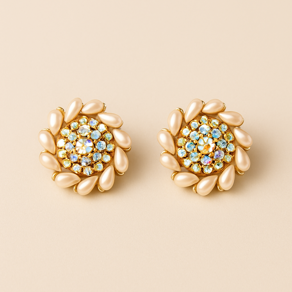 Designer floral stud earrings with gold tone, pearl petals, and shimmering crystals – premium partywear jewellery
