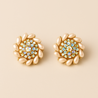 Designer floral stud earrings with gold tone, pearl petals, and shimmering crystals – premium partywear jewellery