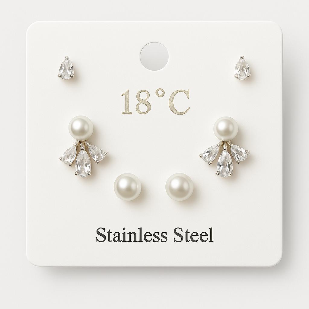 Combo set of three earrings: pearl studs, teardrop CZ studs, and pearl-center CZ floral studs in stainless steel