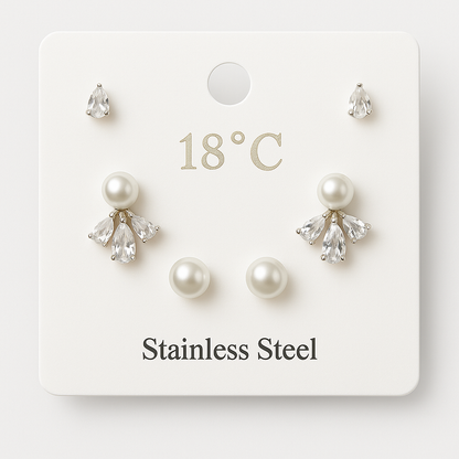Combo set of three earrings: pearl studs, teardrop CZ studs, and pearl-center CZ floral studs in stainless steel