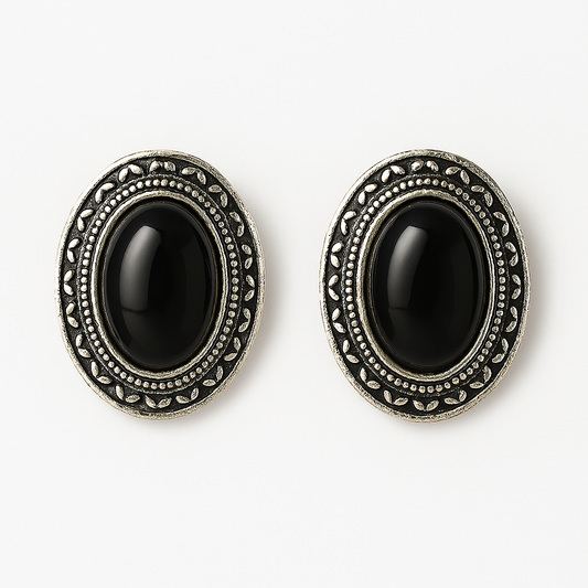 Vintage-style black oval stud earrings with antique silver detailing – elegant women’s jewellery