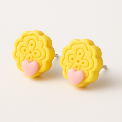 Cute yellow flower stud earrings with pink heart accent – kids and girls fashion jewellery