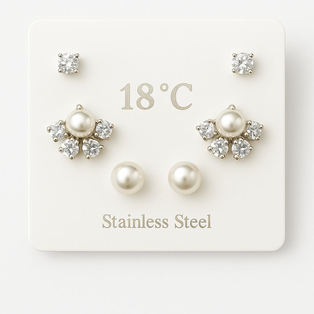 Set of three earrings: pearl studs, CZ studs, and pearl-center CZ floral studs – premium stainless-steel jewellery