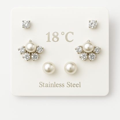 Set of three earrings: pearl studs, CZ studs, and pearl-center CZ floral studs – premium stainless-steel jewellery