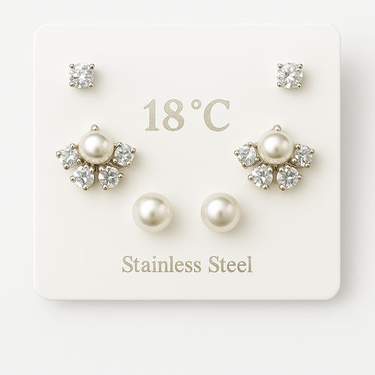 Set of three earrings: pearl studs, CZ studs, and pearl-center CZ floral studs – premium stainless-steel jewellery