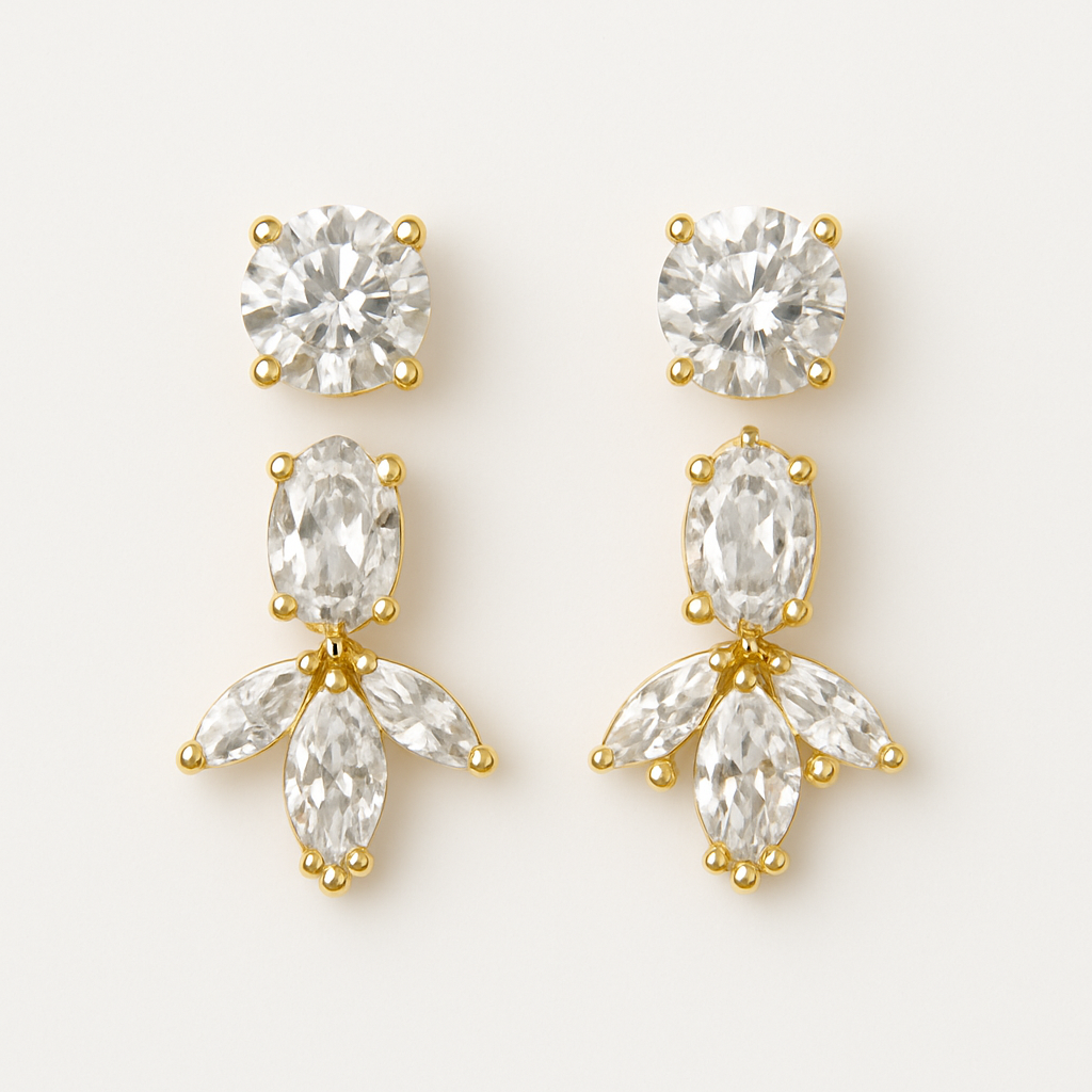 Gold-plated CZ drop earrings with round, marquise, and oval stones – premium bridal and partywear jewellery