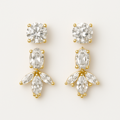 Gold-plated CZ drop earrings with round, marquise, and oval stones – premium bridal and partywear jewellery