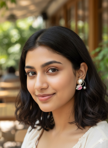 Pink floral enamel stud earrings with dual pearl design and sparkling stones – cute elegant jewellery