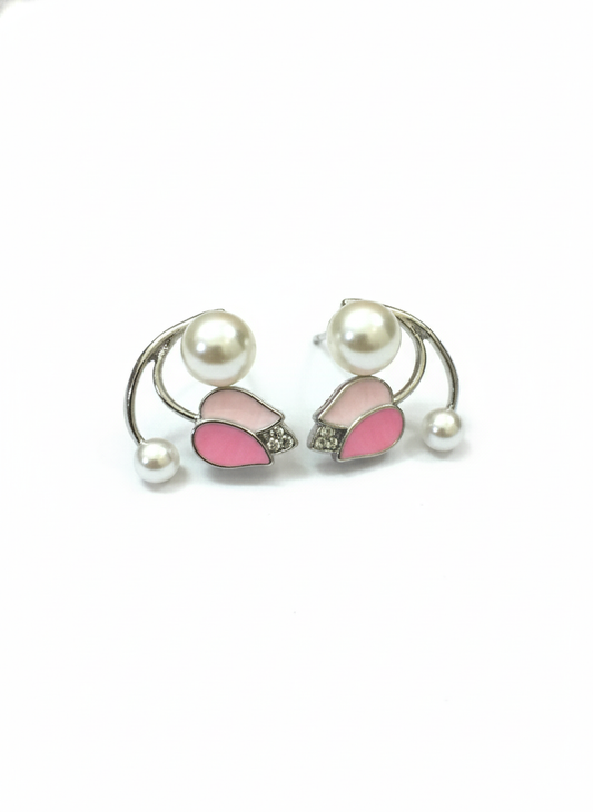 Pink Floral Pearl Stud Earrings – Cute & Elegant Daily Wear Fashion Jewellery