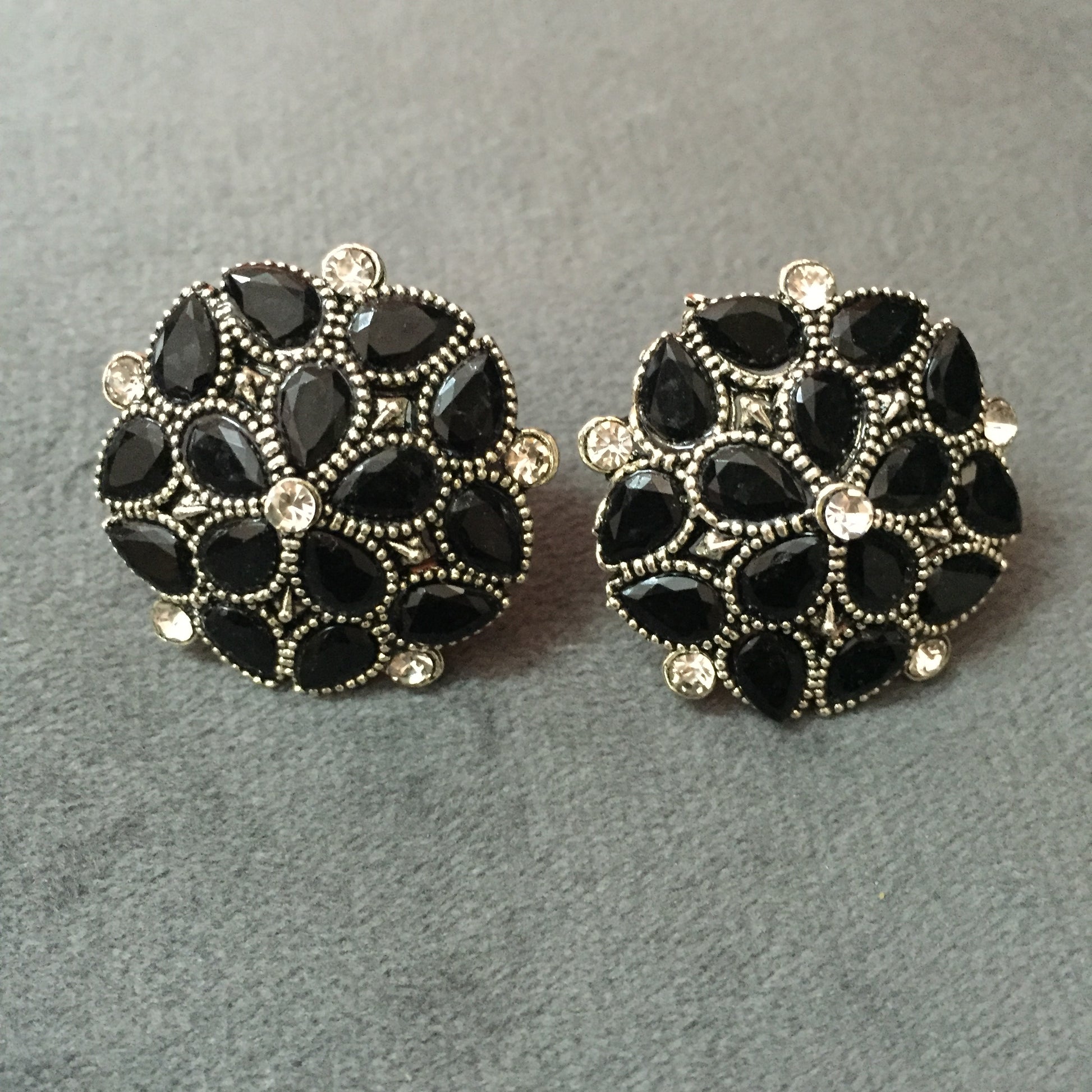 Vintage black floral stud earrings with teardrop stones and crystal accents – ethnic and partywear jewellery