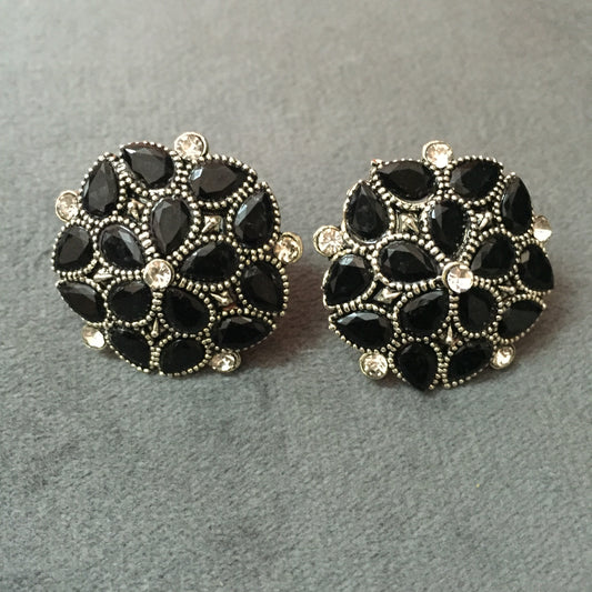 Vintage black floral stud earrings with teardrop stones and crystal accents – ethnic and partywear jewellery