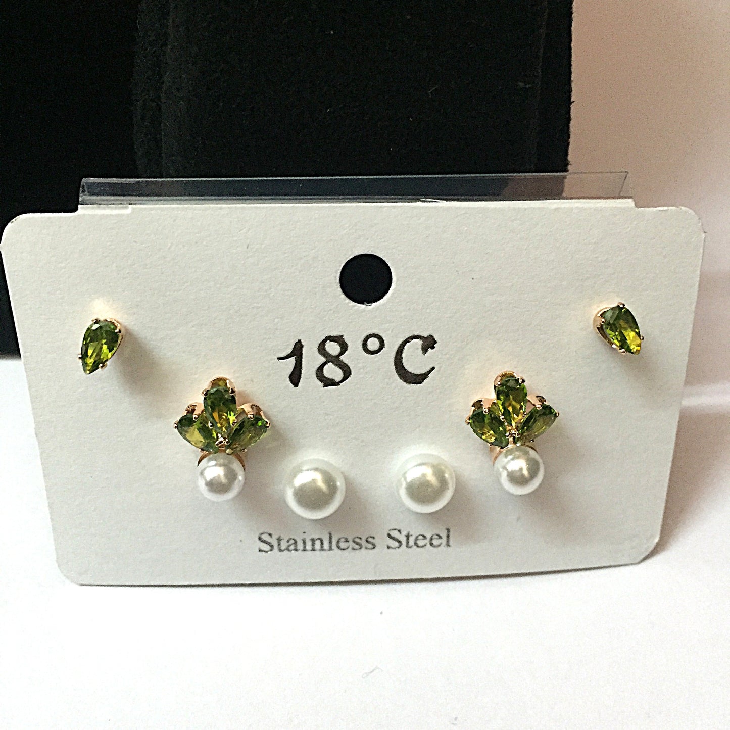 Green CZ & Pearl Stud Earrings Combo (3 Pairs) – Stainless Steel Daily & Partywear Set
