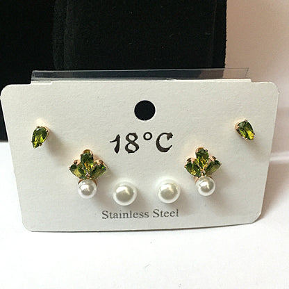 Green CZ & Pearl Stud Earrings Combo (3 Pairs) – Stainless Steel Daily & Partywear Set