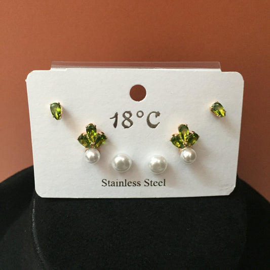 Green CZ & Pearl Stud Earrings Combo (3 Pairs) – Stainless Steel Daily & Partywear Set