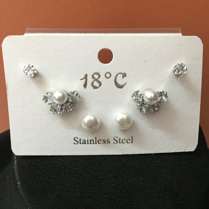Premium Pearl & CZ Stud Earrings Combo (3 Pairs) – Stainless Steel Daily & Partywear Set