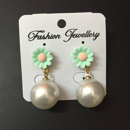 Mint green floral stud earrings with white pearl drop – cute daily wear jewellery