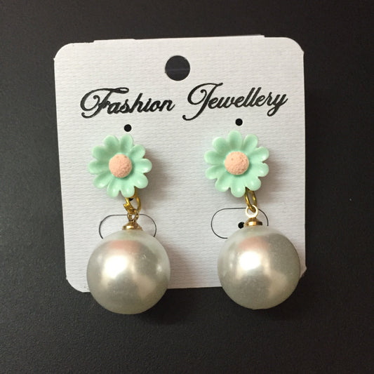 Mint green floral stud earrings with white pearl drop – cute daily wear jewellery