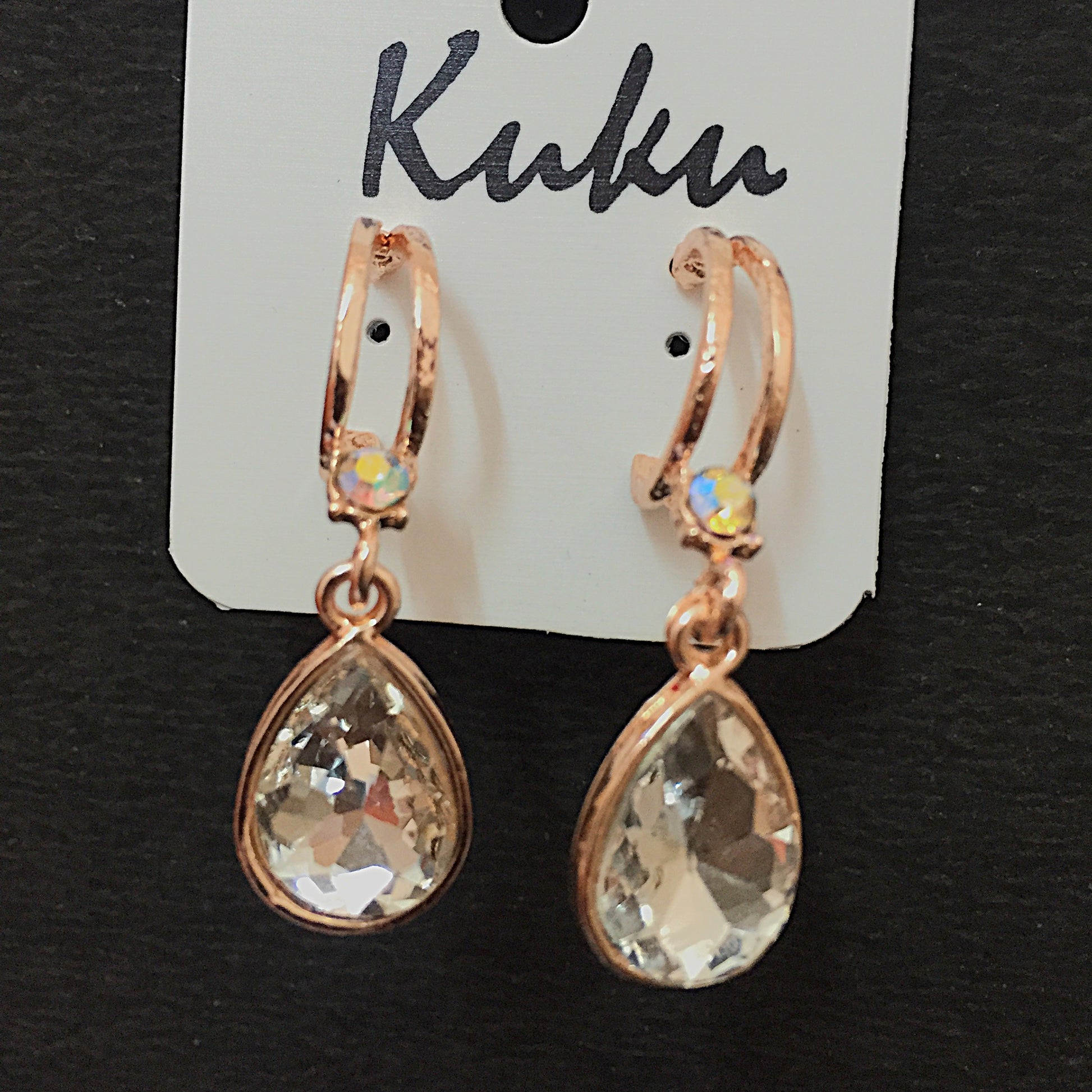 Rose gold teardrop crystal earrings with small round stone stud – elegant women’s jewellery
