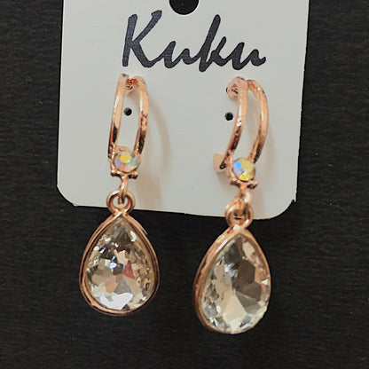 Rose gold teardrop crystal earrings with small round stone stud – elegant women’s jewellery