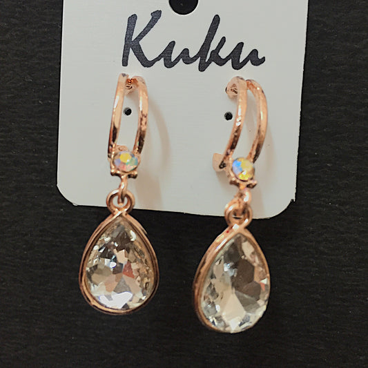 Rose gold teardrop crystal earrings with small round stone stud – elegant women’s jewellery