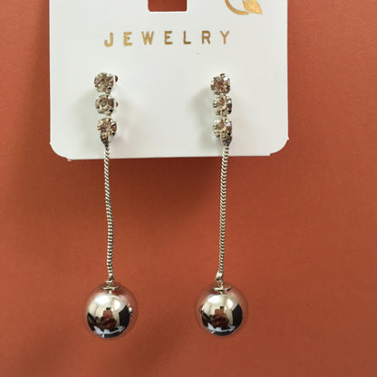 Silver long chain earrings with triple-stone stud and metallic ball drop – stylish women’s jewellery