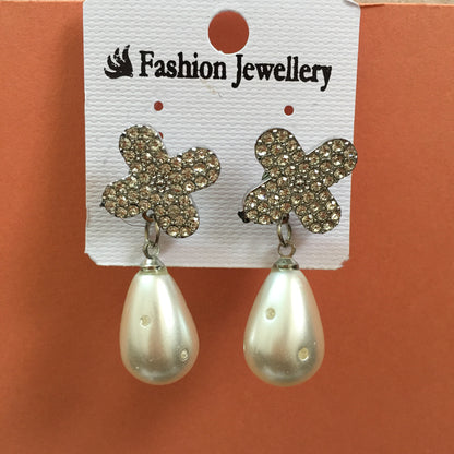 “Silver floral crystal stud earrings with white pearl drop – elegant women’s jewellery